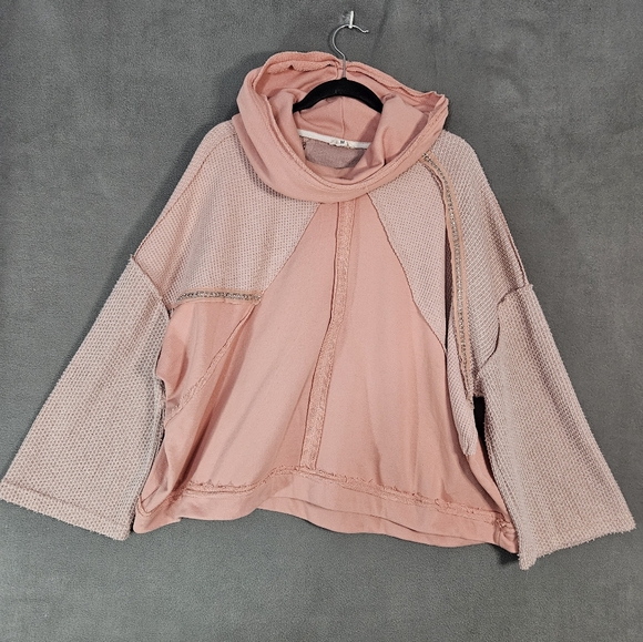 POL Tops - Pol Womens Medium Sweatshirt Boho Cowl Hoodie Pink Waffle Knit Ovetsized Bling